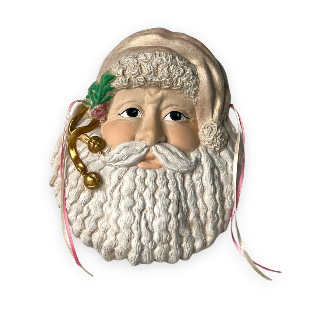 Pastel Ceramic Santa Face with Pink Hat Christmas Wall Decoration Gold Glitter